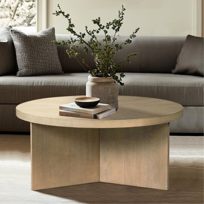 Table basse ronde avec fini grège récupéré et placage massif, 36 po de diamètre, 16,5 po de hauteur, nettoyage facile, assemblage requis Placage décoratif grège, 36 po, H 16,5 po, nécessaire