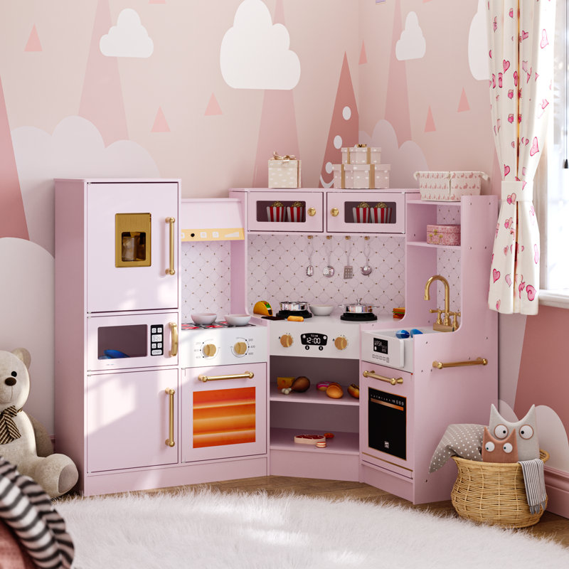 Corner Play Kitchen For Kids, Wooden Toddler Kitchen Playset