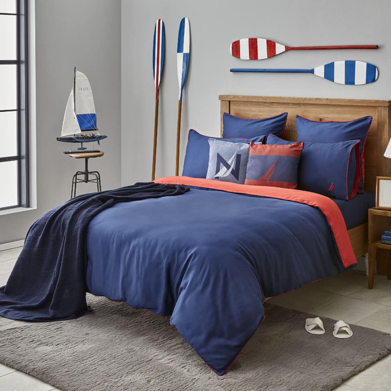 Nautica Creek 100% Turkish Cotton Duvet Cover Set, Double, 200cm x 200cm, Navy Blue Red