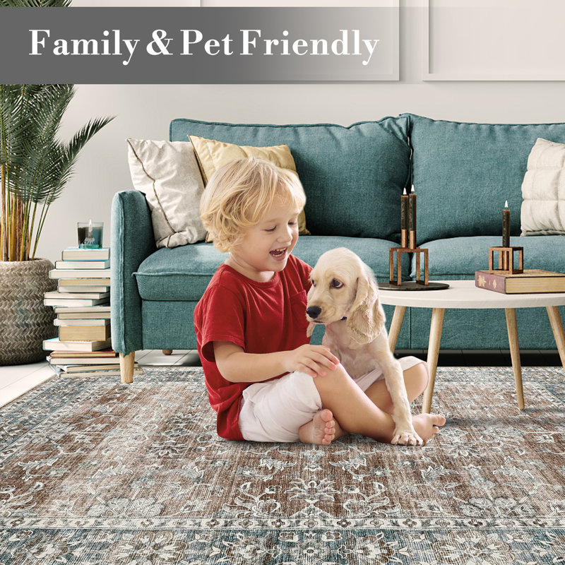 Vintage Rug for Living Room 9x12 Large Oriental Distressed Floor Rug, Non-Slip Floral Print Indoor Mats, Washable Thin Carpet, Easy Cleaning, for Dining Room, Nursery, Khaki