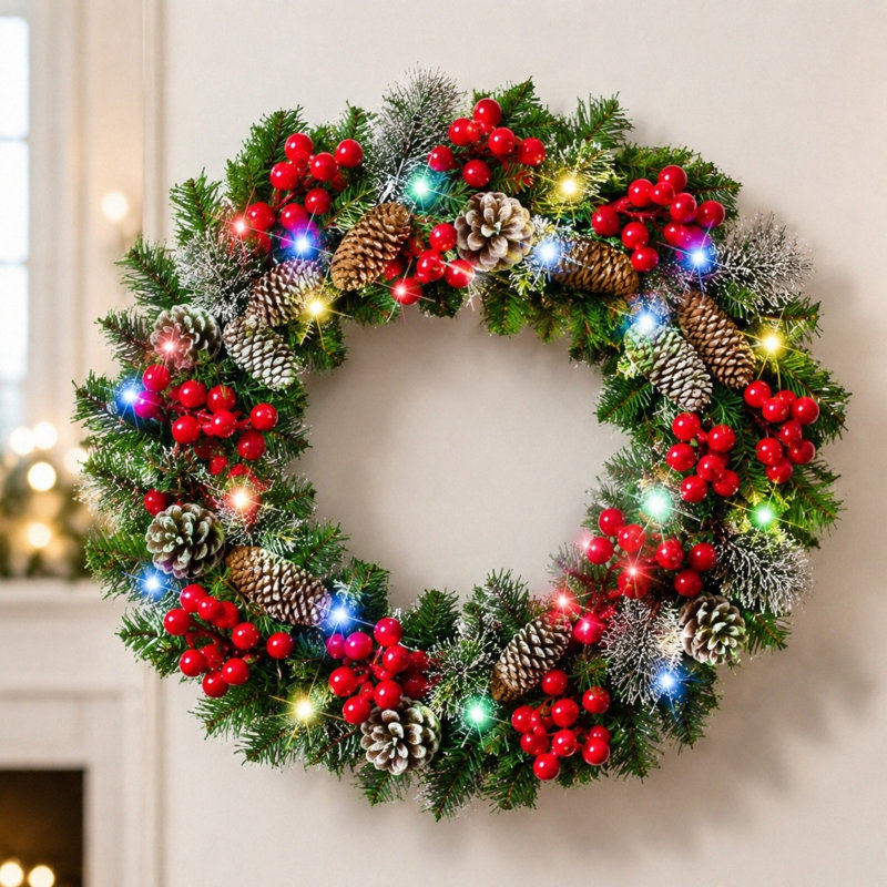 8.8FT Pre-Lit Artificial Christmas Pine Garland with Frosted Tips, Pinecones, and Red Berries