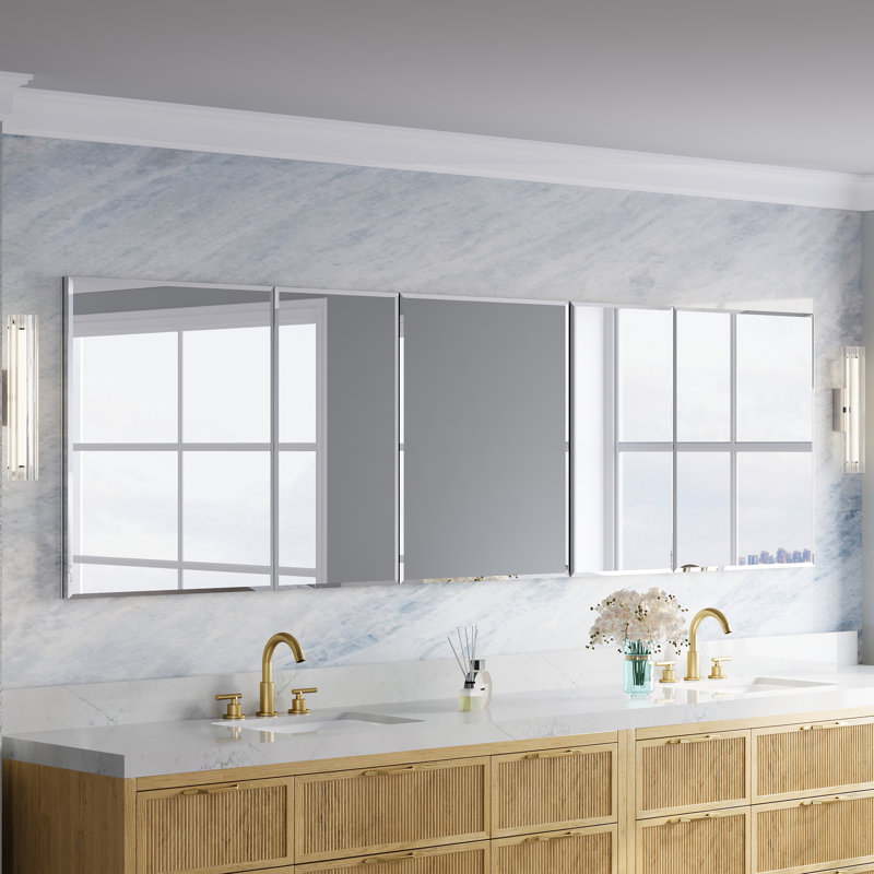 104''W X 30" H Recessed or Surface Mount Bathroom Mirror Beveled Medicine Cabinet Combo  With Adjustable Glass Shelves