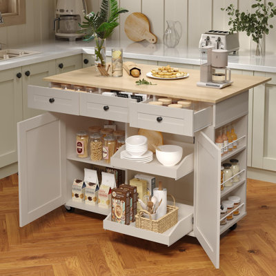  Îlot de cuisine roulant avec comptoir à abattants, station de charge et grand rangement Chariot de cuisine mobile sur roulettes de 47,2 po avec tablettes coulissantes, tiroirs, support à épices et séparateur d'organisateur