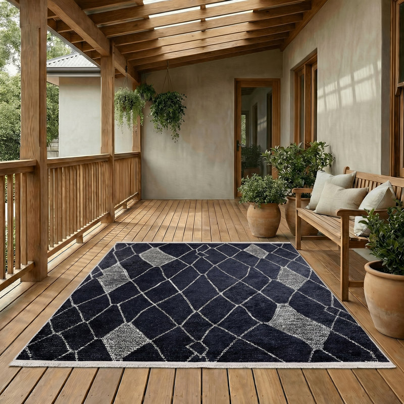 Tapis à imprimé géométrique marocain noir Marlborough, Rectangle 3'4" x 6'7"