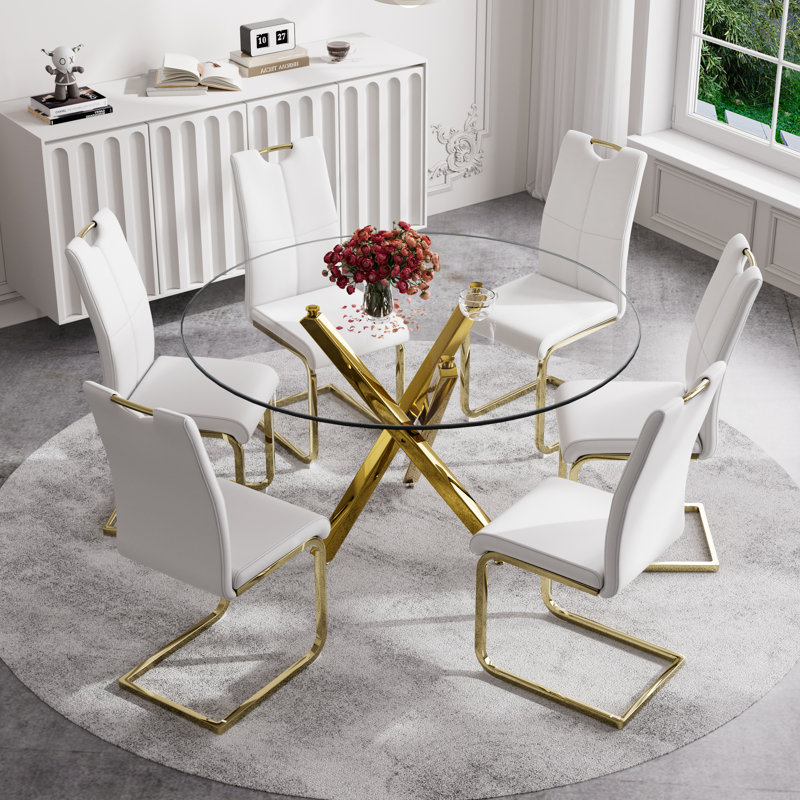 Ensemble de salle à manger 7 pièces, table et 6 chaises, H 29,52 po x L 47,2 po x l 47,2 po, Blanc / doré, Or