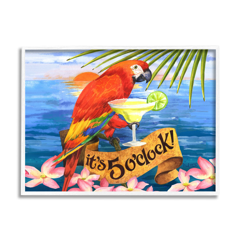 Impression de perroquet tropical avec cocktail encadré sur bois par David Sands, H 24 po x l 30 po x P 1,5 po