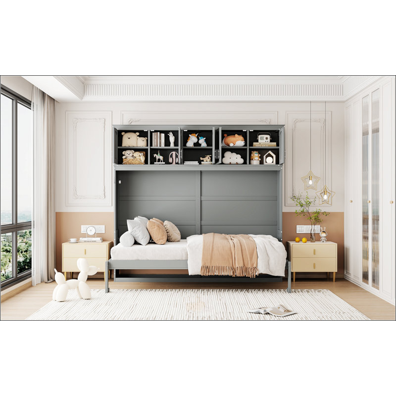 Grand lit escamotable avec armoires supérieures, Gris, Grand lit