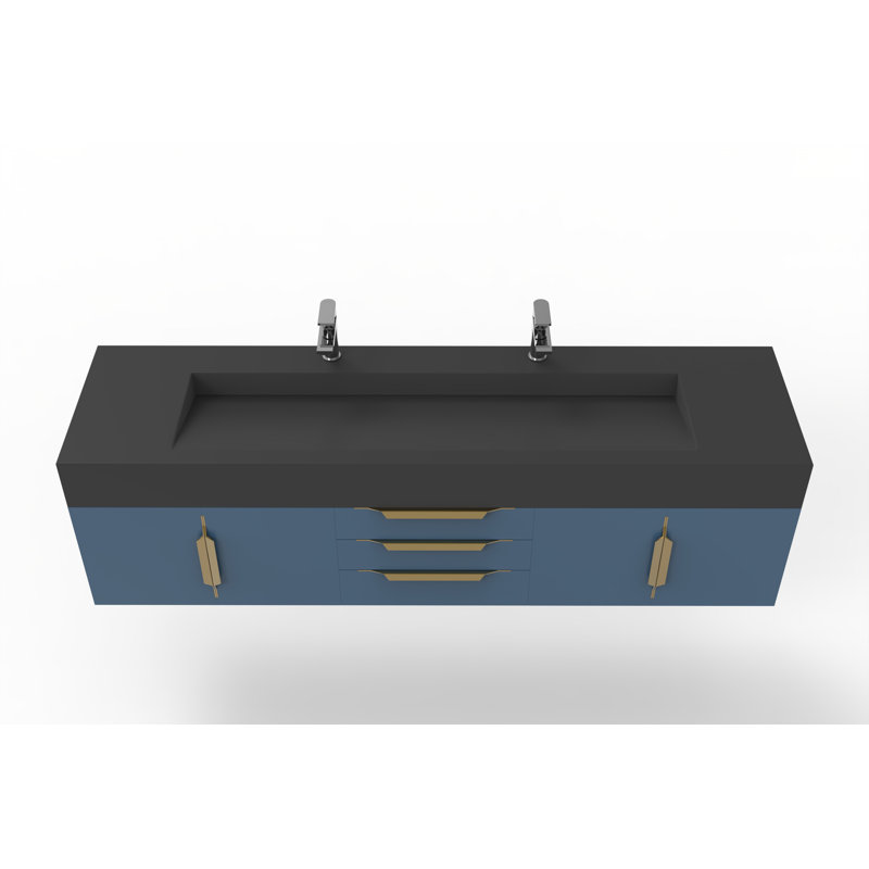 Nile 72" Wall-Mounted Single Bathroom Vanity Set, Black, Gold, Blue