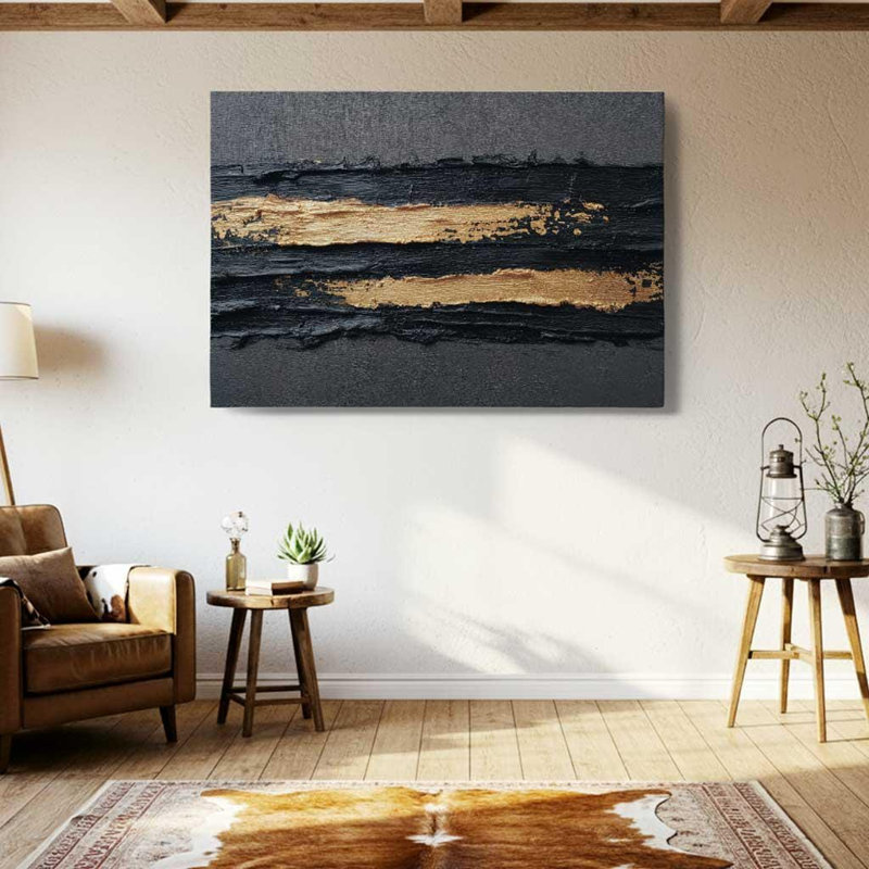 Toile abstraite noire et dorée, art mural texturé - grand imprimé moderne industriel, peinture à coups de pinceau métallique minimaliste pour le bureau