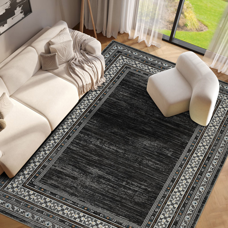 Washable Area Rug Modern Bordered Rug Non Slip Floor CarpetNon Shedding Neutral Rugs for Kitchen Bedroom Living Room, Black