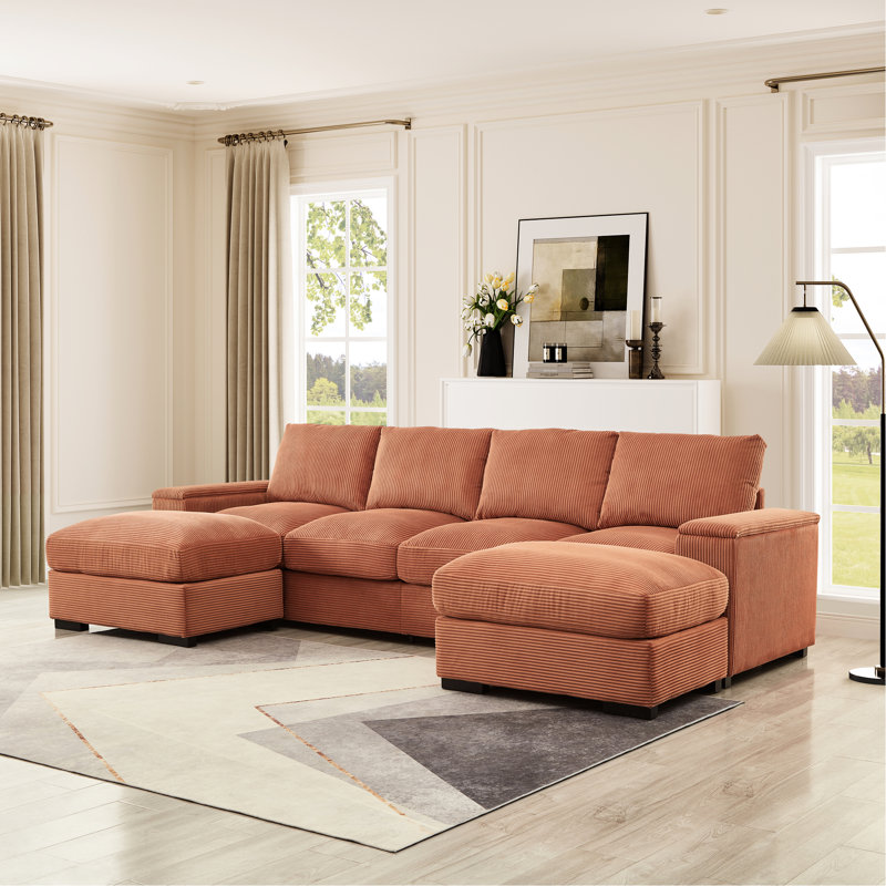 Canapé d'angle capitonné avec poufs amovibles, revêtement en velours côtelé, pieds noirs, canapé confortable avec poufs et rangement.