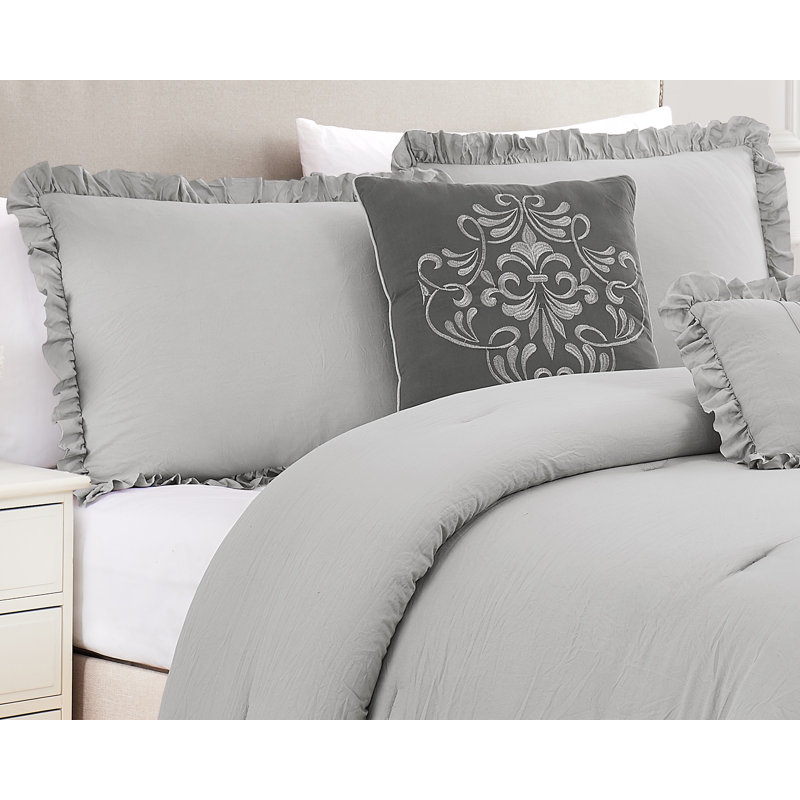 Portland Ruffle Comforter Set & Decorative Pillow, King Comforter + 2 Shams + 1 Pillow Cases, Gray