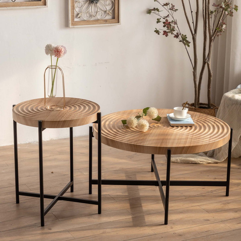 Ensemble de 2 tables basses rondes à motif moderne en fil de MDF avec pieds en métal