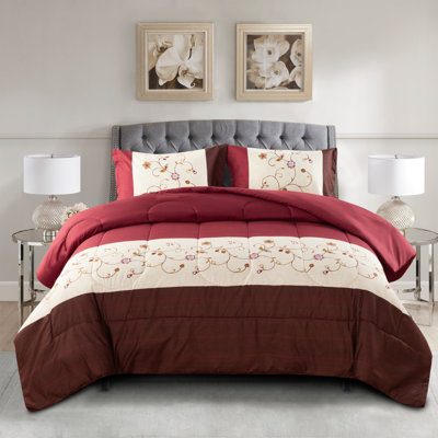 Marina Decoration Home Decor Bedding Comforters Bedroom Duvet Soft Luxury Fluffy Goose Down Alternative Plush Boho 3 Piece Printed Comforter Set, Modern Burgundy Cosmos Floral Pattern King Size