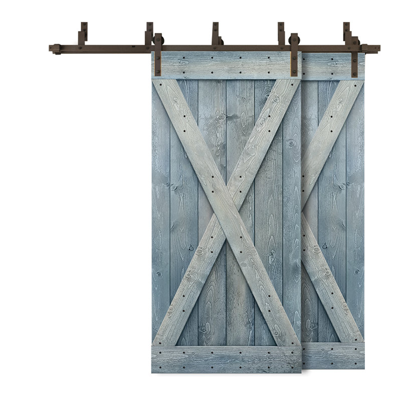 Porte de grange double à panneaux en bois teinté à panneau avec ensemble de quincaillerie coulissante, 52 po x 84 po