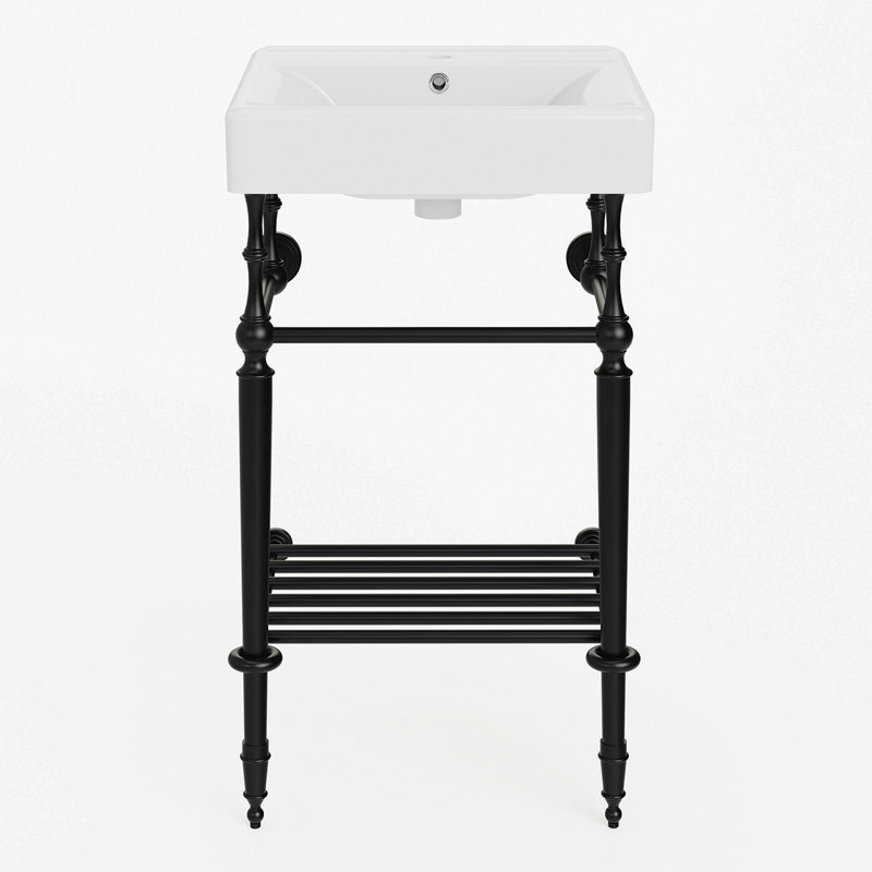 Kingston Brass Edwardian 20-Inch Ceramic Console Sink With Brass Legs And Shelf (1-Hole), Matte Black