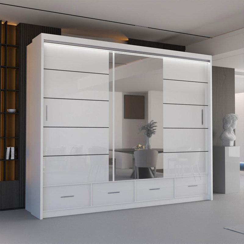 Bahos 3 Door Manufactured Wood Wardrobe, White, 220cm H x 255cm W x 66cm D