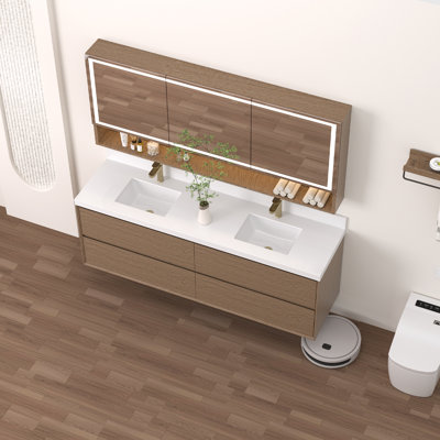 60" Wall-Mounted Double Bathroom Vanity with White Quartz Top and Sinks