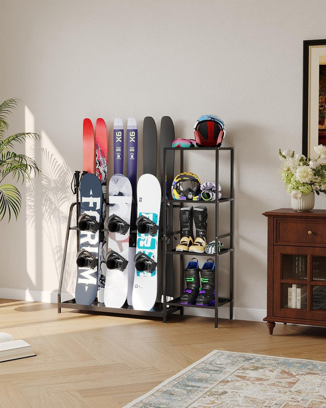 Ski Storage Rack, Steel Free Standing Ski Organizer for 4 Skis, Boots, Poles, Helmet, Goggles, Multi-Purpose Indoor Snowboard Rack, Winter Gear Holder for Garage, Basement, Entryway, 48"x12"x46"