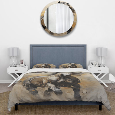 Beige Horse Golden Equestrian Pointillism - Animals Duvet Cover Set - Microfiber Polyester