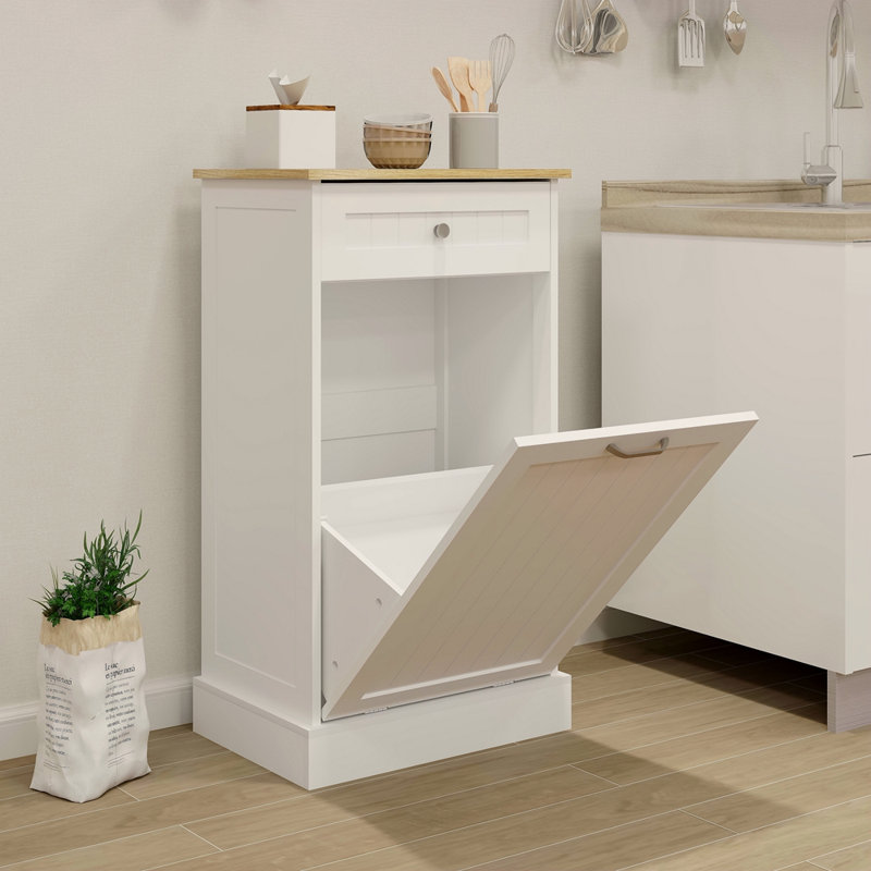 Armoire à ordures inclinable avec un tiroir et un compartiment, Blanc