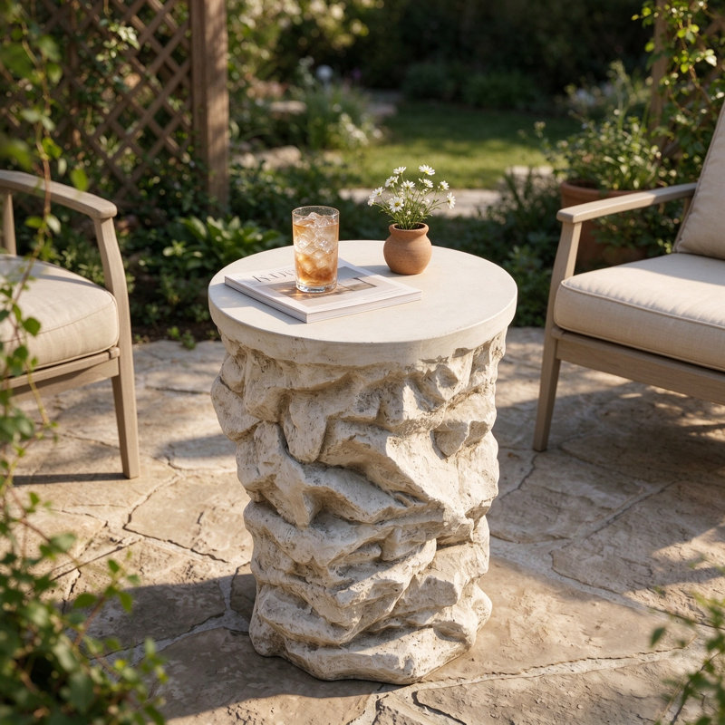 Beige Round Faux Stacked Stone MGO Side Table, Pre-Assembled Accent End Table, Indoor & Outdoor Rustic Stone Stool Table for Patio, Balcony and Living Room