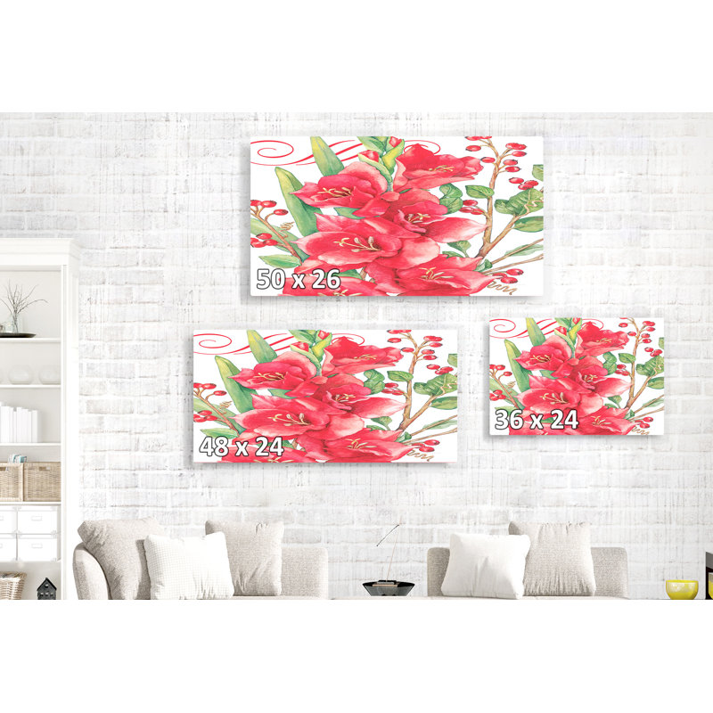 Floral, baies rouges, botanique, H 26 po x l 50 po x P 1,5 po