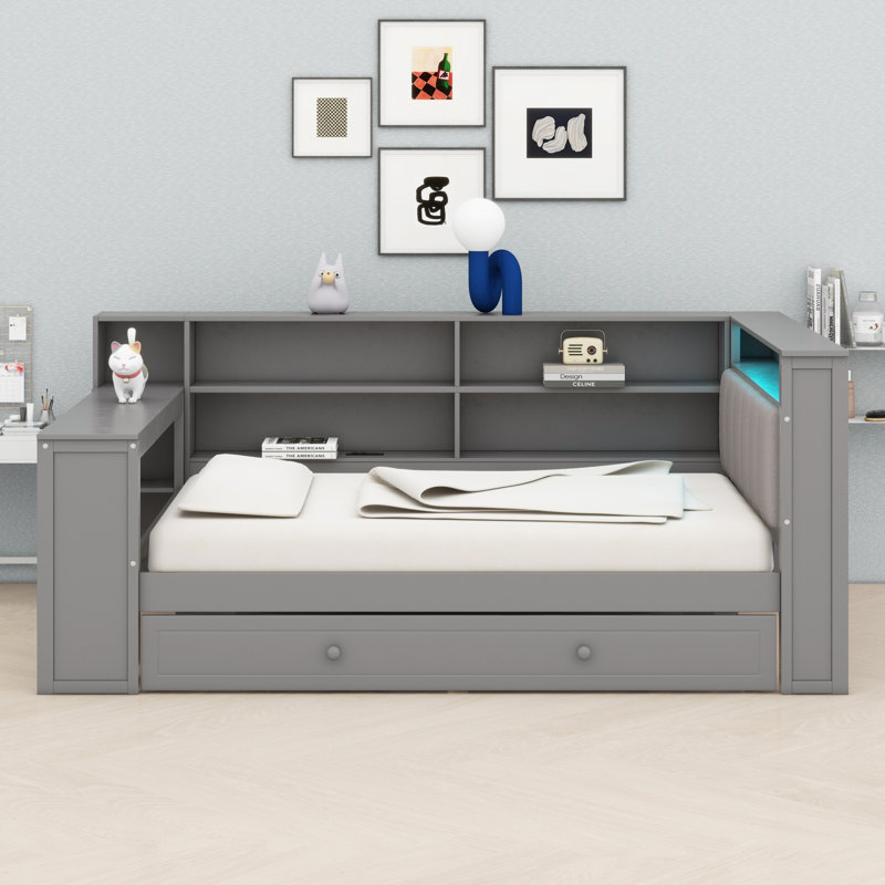 Lit plateforme tout-en-un avec tête de lit tapissier et caractéristiques pratiques, Gris