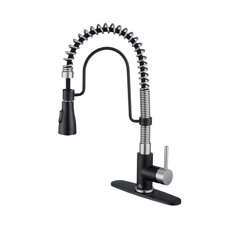 Robinet de cuisine à bec rétractable à ressort 1,8 GPM avec plaque de pont Bolden, Noir mat / nickel brossé
