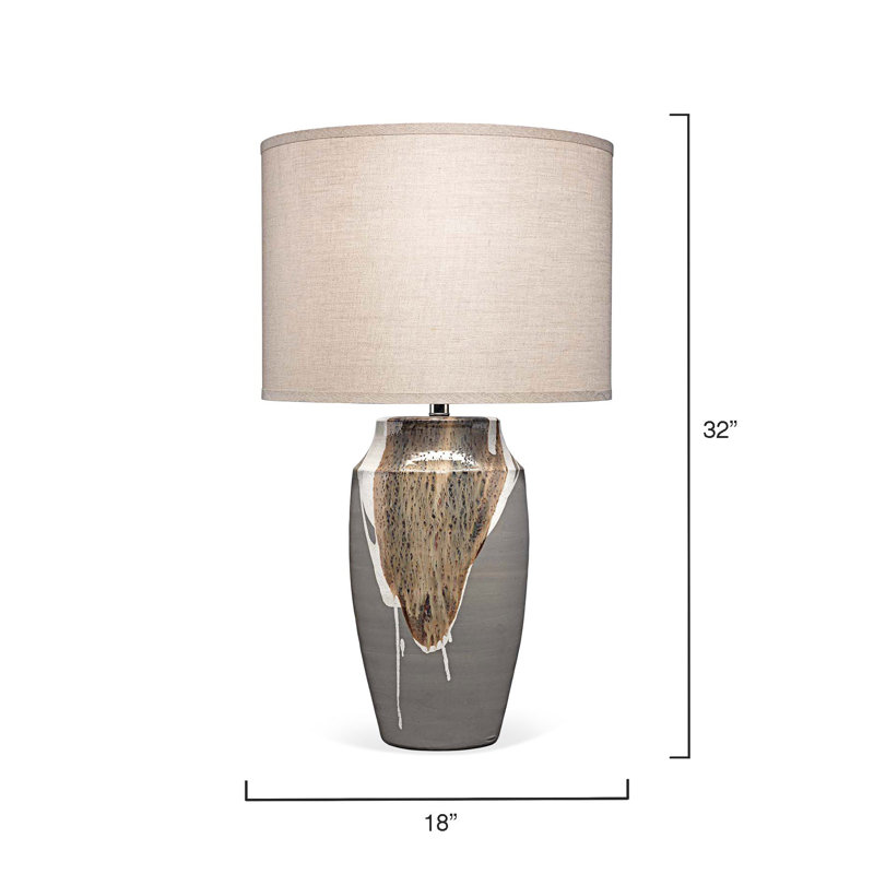 Matte Grey Ceramic Table Lamp with Beige/White Drip and Linen Shade