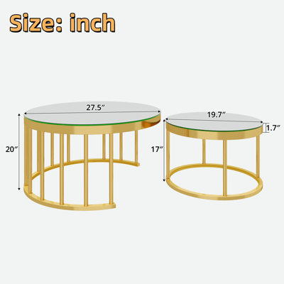 Ensemble de 2 tables basses gigognes modernes avec dessus en verre trempé et structure en métal doré