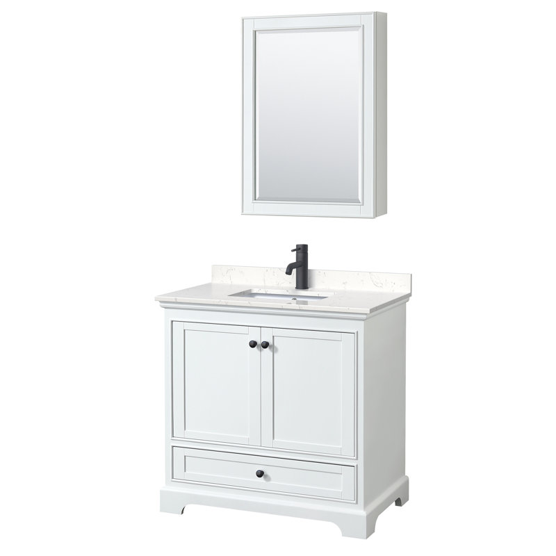 Ensemble de meuble-lavabo simple 36 "avec miroir Deborah, Marbre de culture de Carrare, Blanc, Noir mat