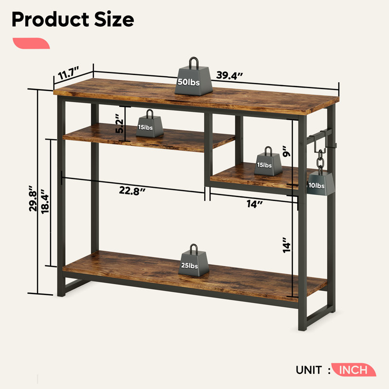 Rosevell 39.4" Console Table for Entryway with 4 Tier Storage Shelves, Rustic Brown