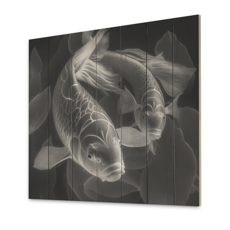 Poisson Koi monochrome - impression sur bois, L 16 po x H 16 po x P 1 po