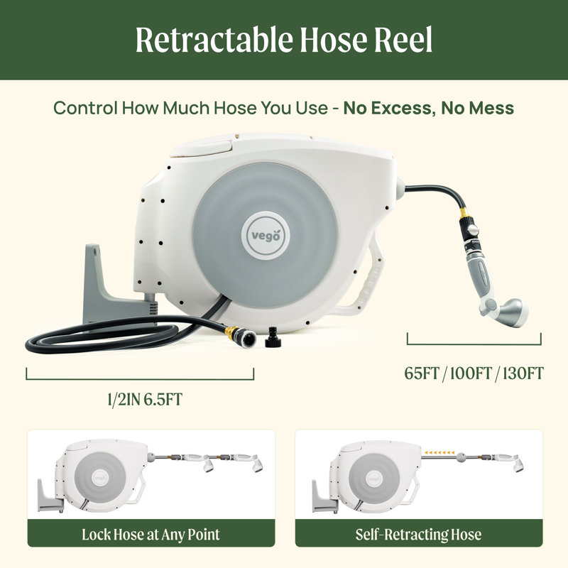 Watering Plastic Retractable Wall Hose Reel, 130', Cloud White