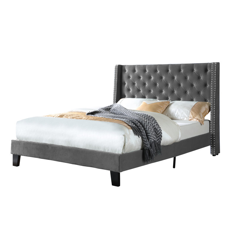 Lit plateforme tapissier Daisy-Rose, Gris, Grand