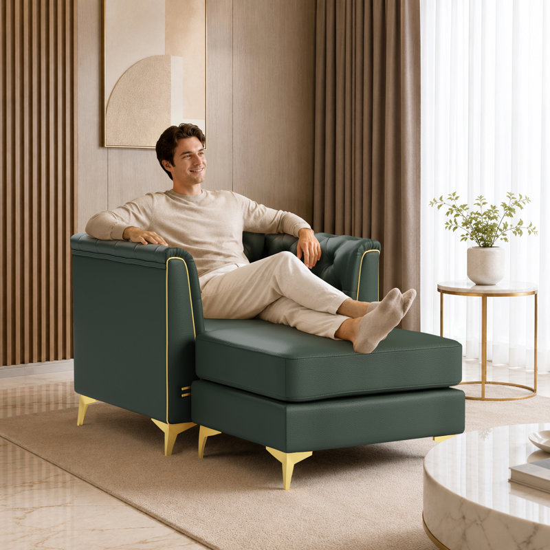 Canapé Chesterfield 1 place modulaire avec coussins capitonnés vert pour salon, appartement, L 40,1 po, Green Faux Leather