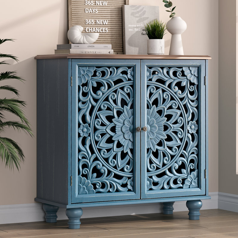 Armoire de rangement avec portes, armoire d'appoint avec plateau en noyer et pieds en bois massif, buffet vieilli avec tablette réglable pour la cuisine, le vestibule, le salon, la chambre à coucher, bleu