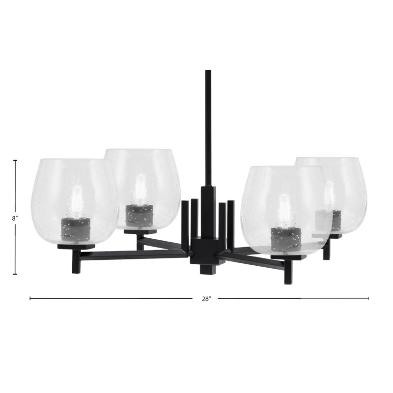 Lustre 4 lumières Fausley avec verre à bulles 6 po, Transparent, Noir mat