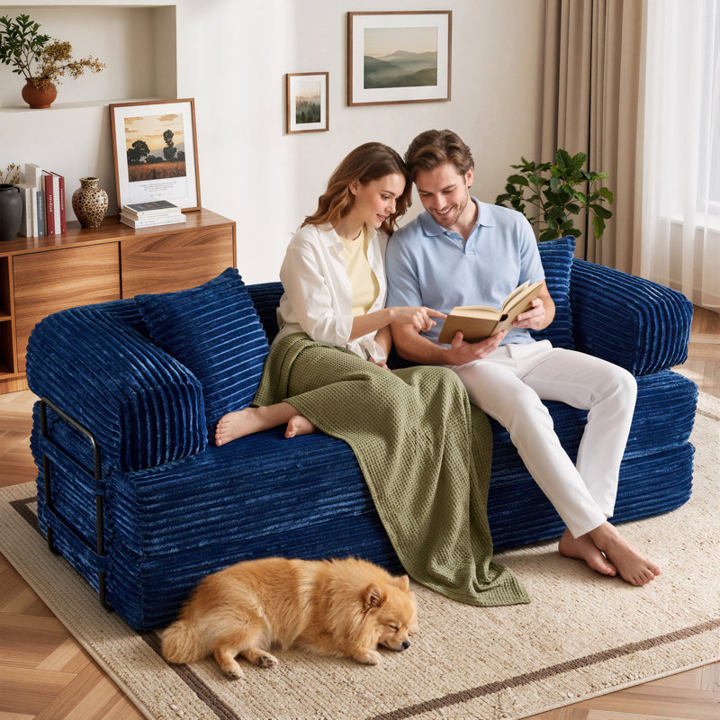 Boneless 80.5'' Mordern Convertible Sleeper Sofa Corduroy Loveseat Sofa Bed, Foldable Floor Couch, Blue