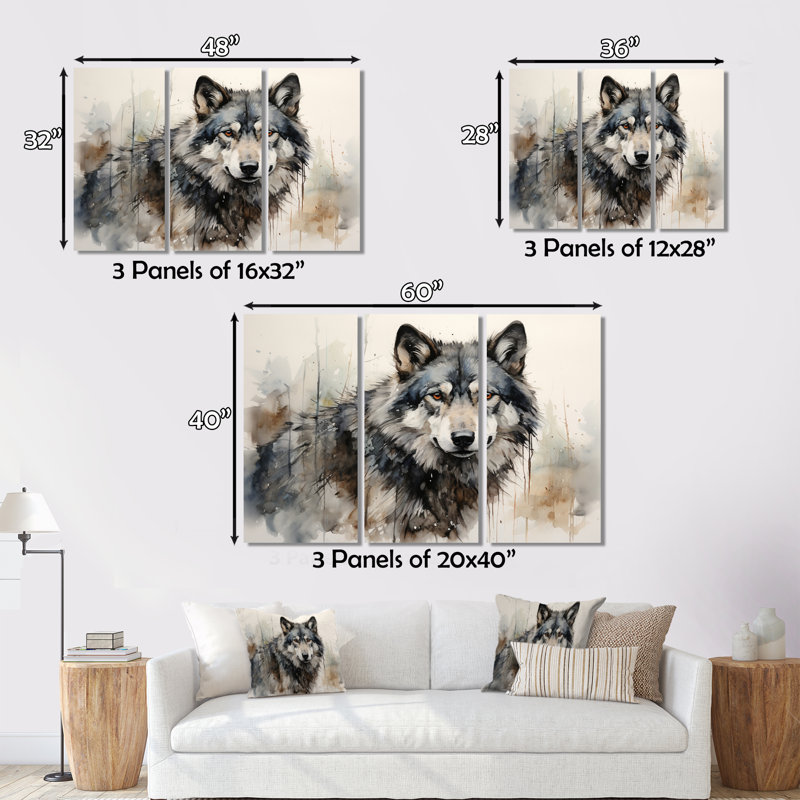 Loup solitaire, impression sur toile 3 pièces, H 40 po x l 60 po x P 1 po