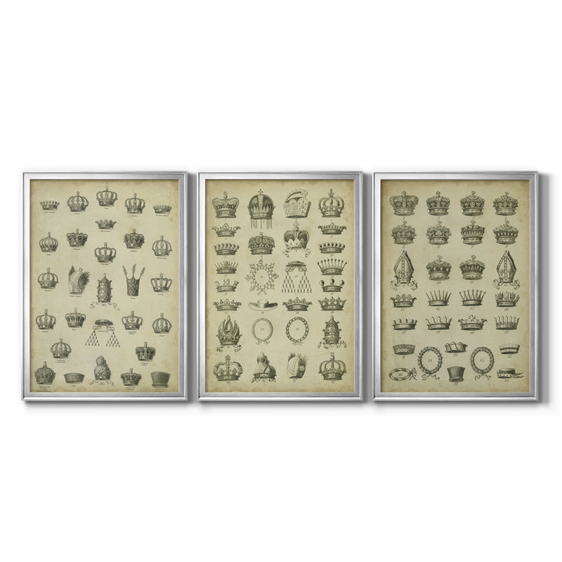 Heraldic Crowns & Coronets II - Toile tendue avec châssis sur mesure - 3 pièces, Argent argent, H 27 po x l 39 po