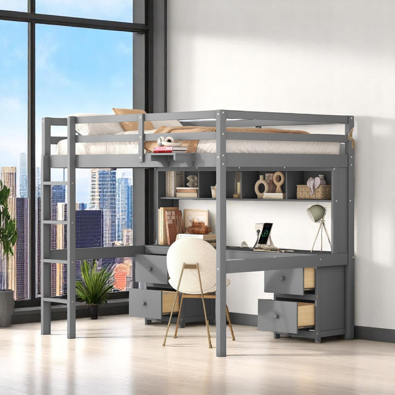 Loft Bed With Built-In Desk, Bookcase, Usb, Full Size, Gray