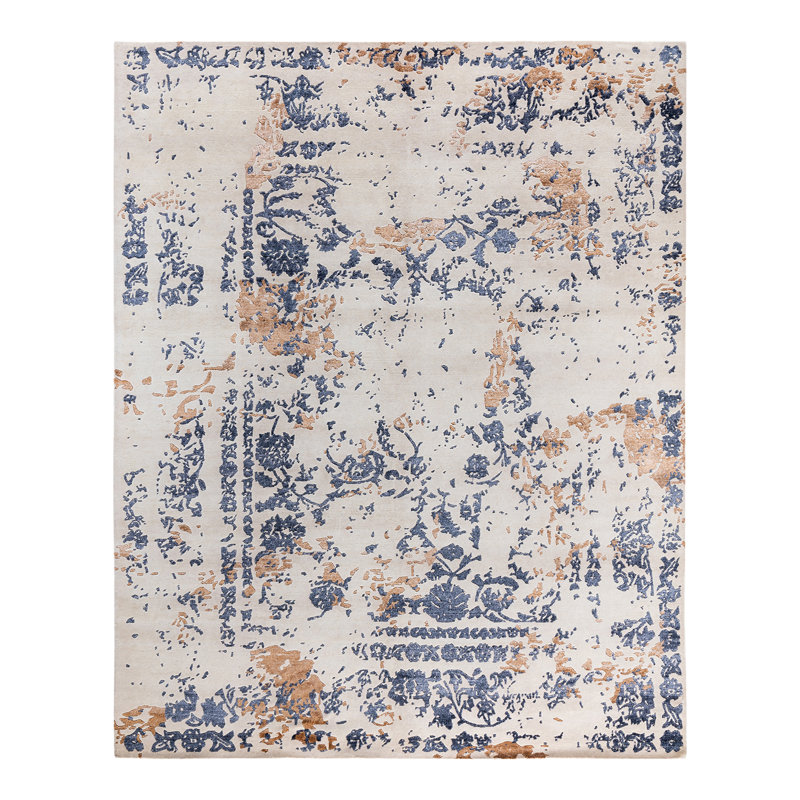 Ivory and Blue Hand-Knotted Wool and Silk Area Rug