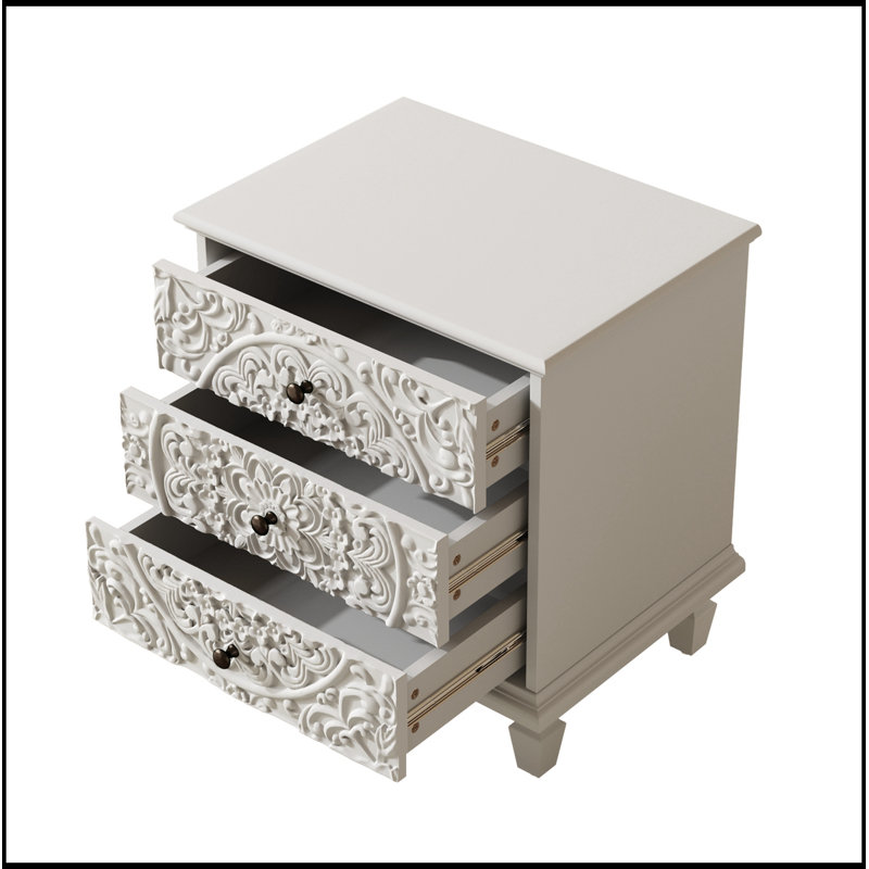 Sarabia en bois sculpté avec 3 tiroirs, White