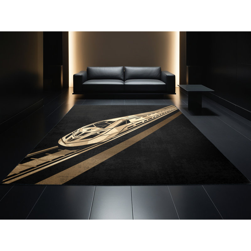 Machine Washable Mendon Luxury Long Distance Train Posh & Luxe Geometric Rug in Black – Black Binding, 2x5