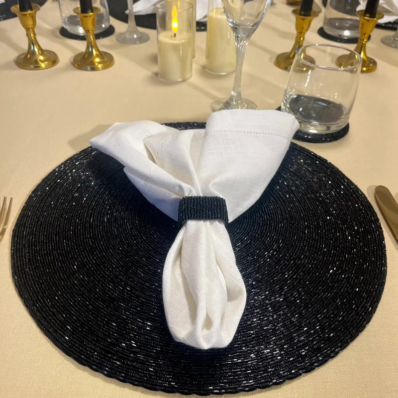 Glass Bead Placemat in Black, Set of 4, Black