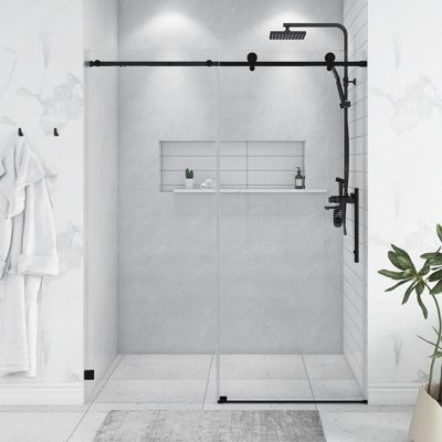 56 po x l 74 po x H 74 po, portes de douche coulissantes simples sans cadre à fermeture en douceur noir mat, porte en verre trempé épais de 5/16 po (8 mm)