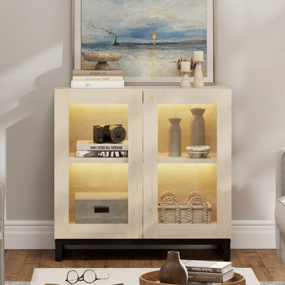 Modern Accent Cabinet with 2 Glass Doors, Multifunctional Accent Chest with Large Storage and Adjustable Shelf