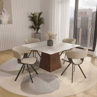 5-Piece Dining Set With Square Dining Table White Sintered Stone Top And 4 Upholstered Dining Chairs